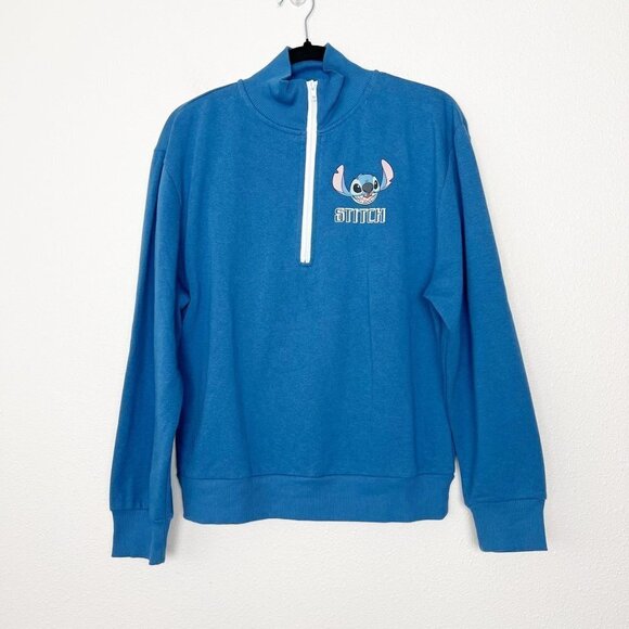 Disney Stitch Womens Medium Blue Quarter Zip Graphic Pullover Sweatshirt Ohana - Picture 1 of 7
